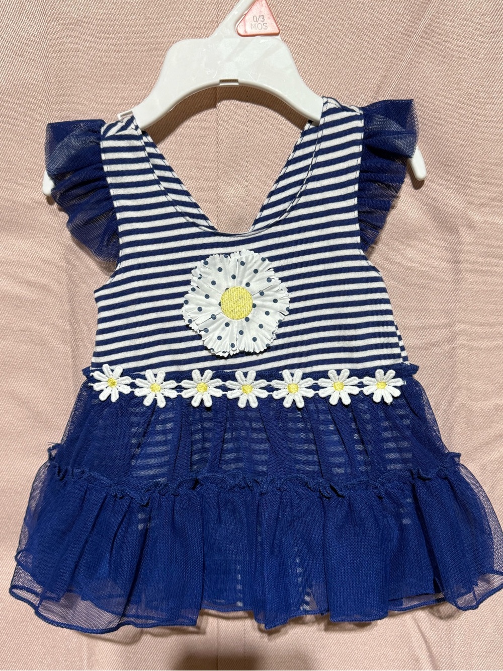Navy Striped Daisy Tulle Baby Dress 0-3m
